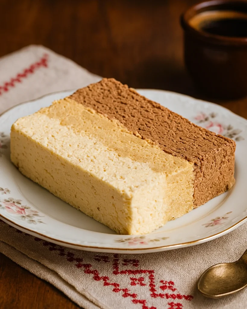 Pijesak torta sa pudingom i plazmom servirana na tanjiru