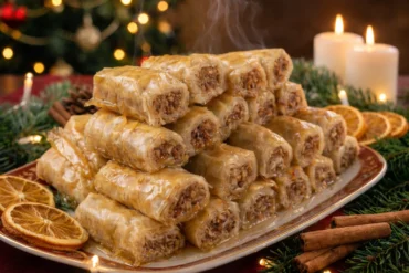 Posne baklavice složene na pladnju, prelivene sirupom, servirane u blagdanskom ambijentu