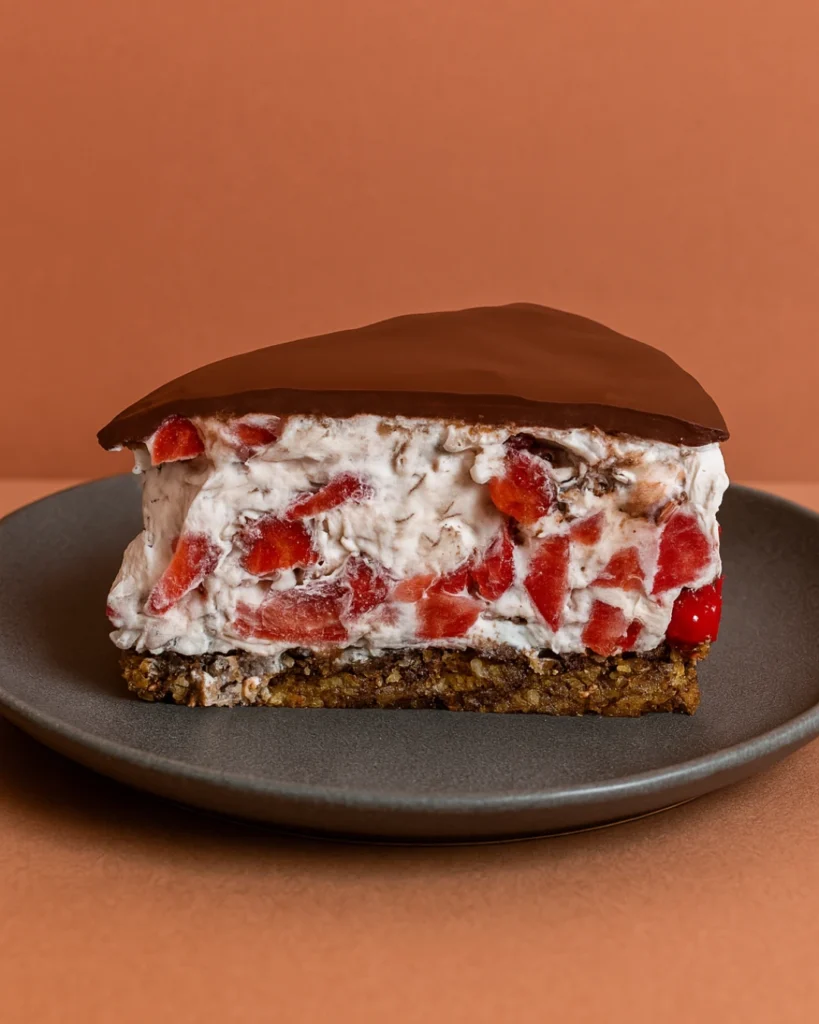 Veganska torta s bijelom čokoladom i jagodama servirana na tanjiru