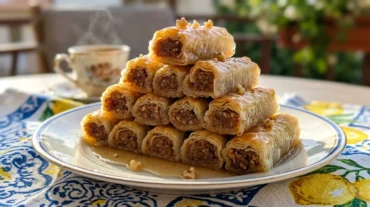 Tanjir domaće baklave s plazma keksom složene u piramidu, prelivene agdom i punjene mljevenim orasima