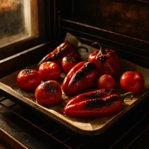 Ljutenica recept – pečene crvene paprike i rajčice na plehu u pećnici, s pocrnjelom kožicom i sokom od povrća, priprema domaće zimnice