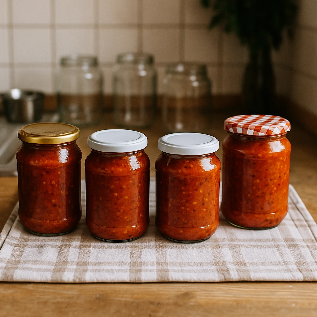 Recept za ljutenicu staklenke s domaćom ljutenicom okrenute naopako na kuhinjskoj krpi radi pasterizacije i stvaranja vakuuma