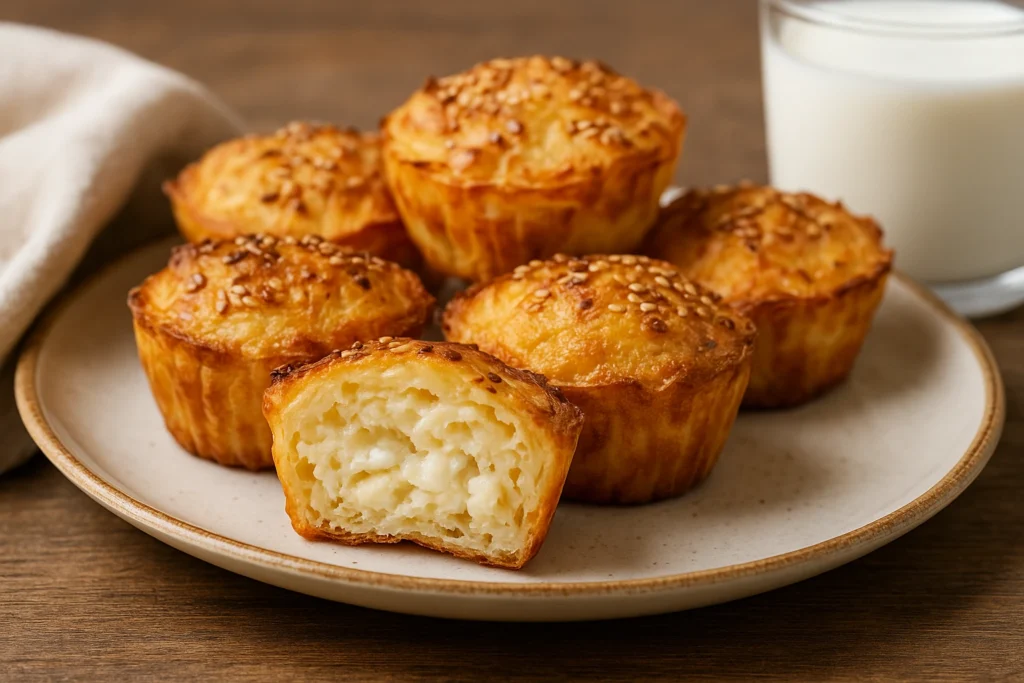 Mafini sa sirom od gotovih kora na rustikalnom tanjuru uz čašu jogurta, jedan muffin u presjeku otkriva mekanu unutrašnjost punu sira
