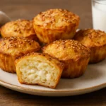 Mafini sa sirom od gotovih kora na rustikalnom tanjuru uz čašu jogurta, jedan muffin u presjeku otkriva mekanu unutrašnjost punu sira