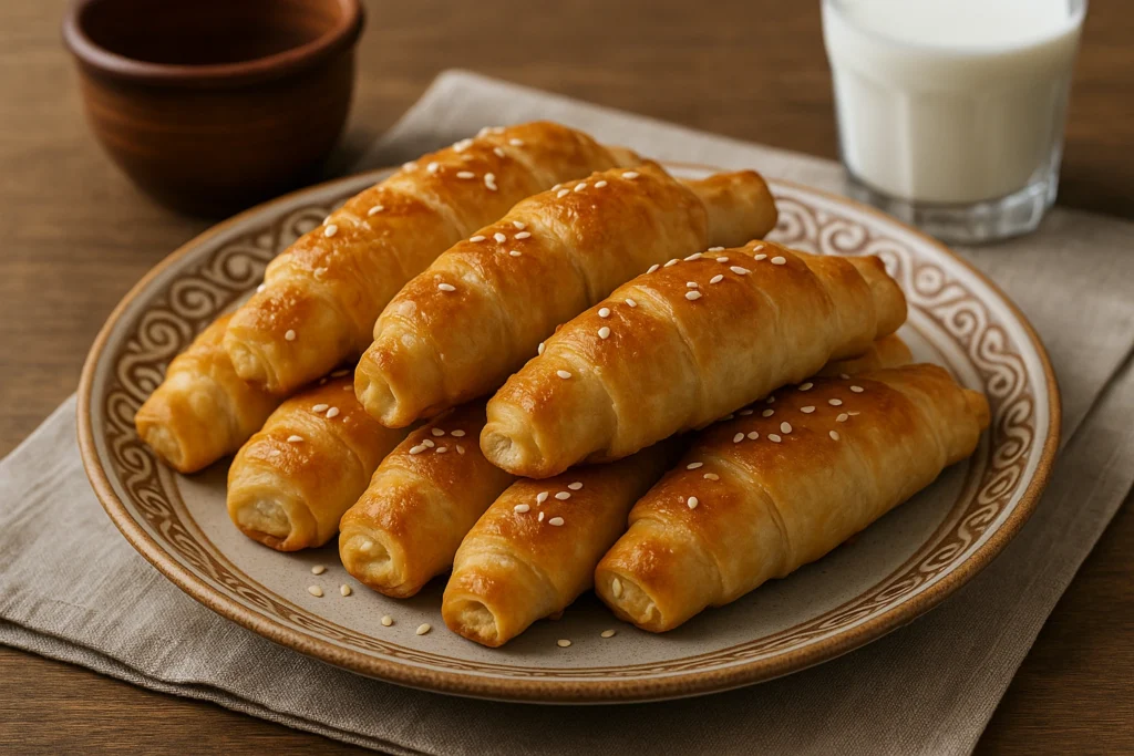 Pita-kiflice sa sirom posute susamom na tradicionalnom tanjiru, servirane uz čašu jogurta
