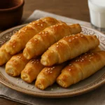 Pita-kiflice sa sirom posute susamom na tradicionalnom tanjiru, servirane uz čašu jogurta