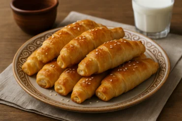 Pita-kiflice sa sirom posute susamom na tradicionalnom tanjiru, servirane uz čašu jogurta