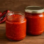Ljutenica recept – otvorena i zatvorena staklenka domaće ljutenice od paprika i rajčica na rustikalnom stolu, s pečenim paprikama i češnjakom