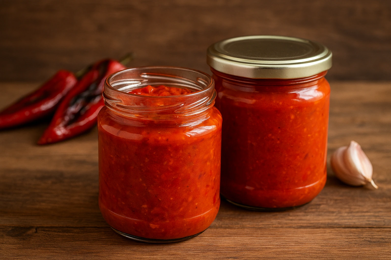 Ljutenica recept – otvorena i zatvorena staklenka domaće ljutenice od paprika i rajčica na rustikalnom stolu, s pečenim paprikama i češnjakom
