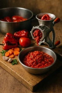 mljevenje pečenih paprika, rajčica i kuhane mrkve kroz stroj za mljevenje, svježe povrće i crvena smjesa u metalnoj posudi