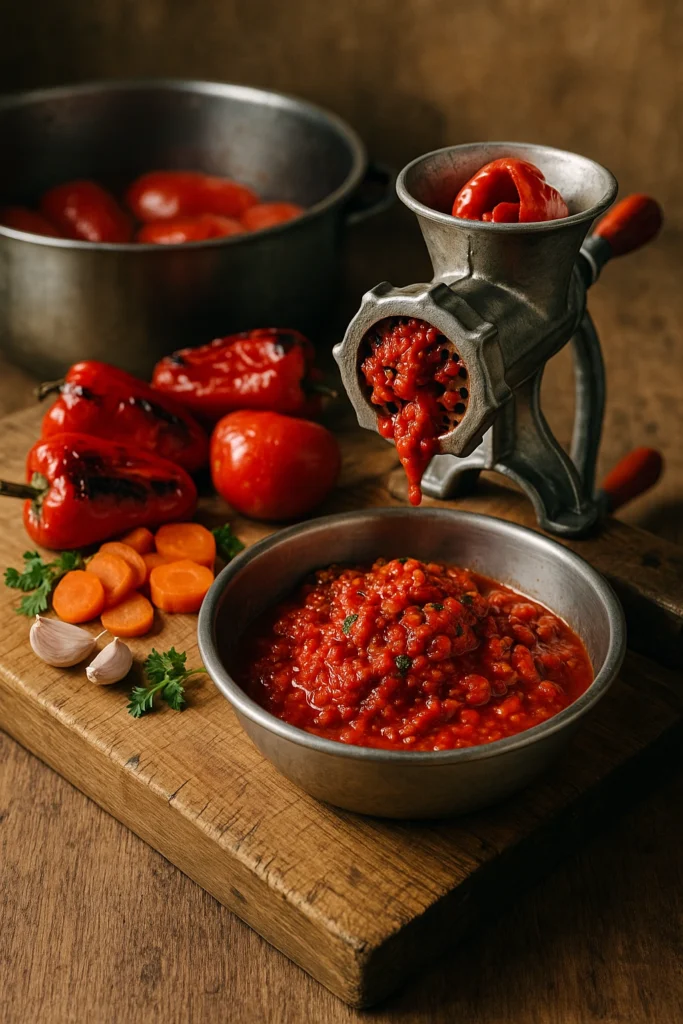 mljevenje pečenih paprika, rajčica i kuhane mrkve kroz stroj za mljevenje, svježe povrće i crvena smjesa u metalnoj posudi