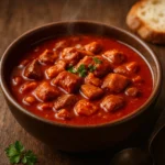 Slavonski čobanac recept – tradicionalni hrvatski paprikaš s više vrsta mesa u bogatom crvenom umaku, poslužen u rustikalnoj zdjeli