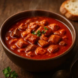 Slavonski čobanac recept – tradicionalni hrvatski paprikaš s više vrsta mesa u bogatom crvenom umaku, poslužen u rustikalnoj zdjeli