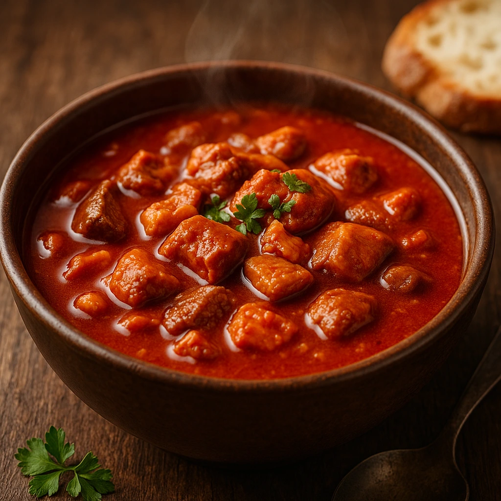 Slavonski čobanac recept – tradicionalni hrvatski paprikaš s više vrsta mesa u bogatom crvenom umaku, poslužen u rustikalnoj zdjeli