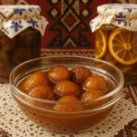 Tradicionalno slatko od smokve u staklenoj zdjeli na čipkanom stolnjaku sa balkanskim vezom u pozadini