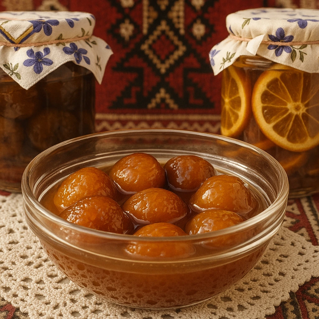 Tradicionalno slatko od smokve u staklenoj zdjeli na čipkanom stolnjaku sa balkanskim vezom u pozadini