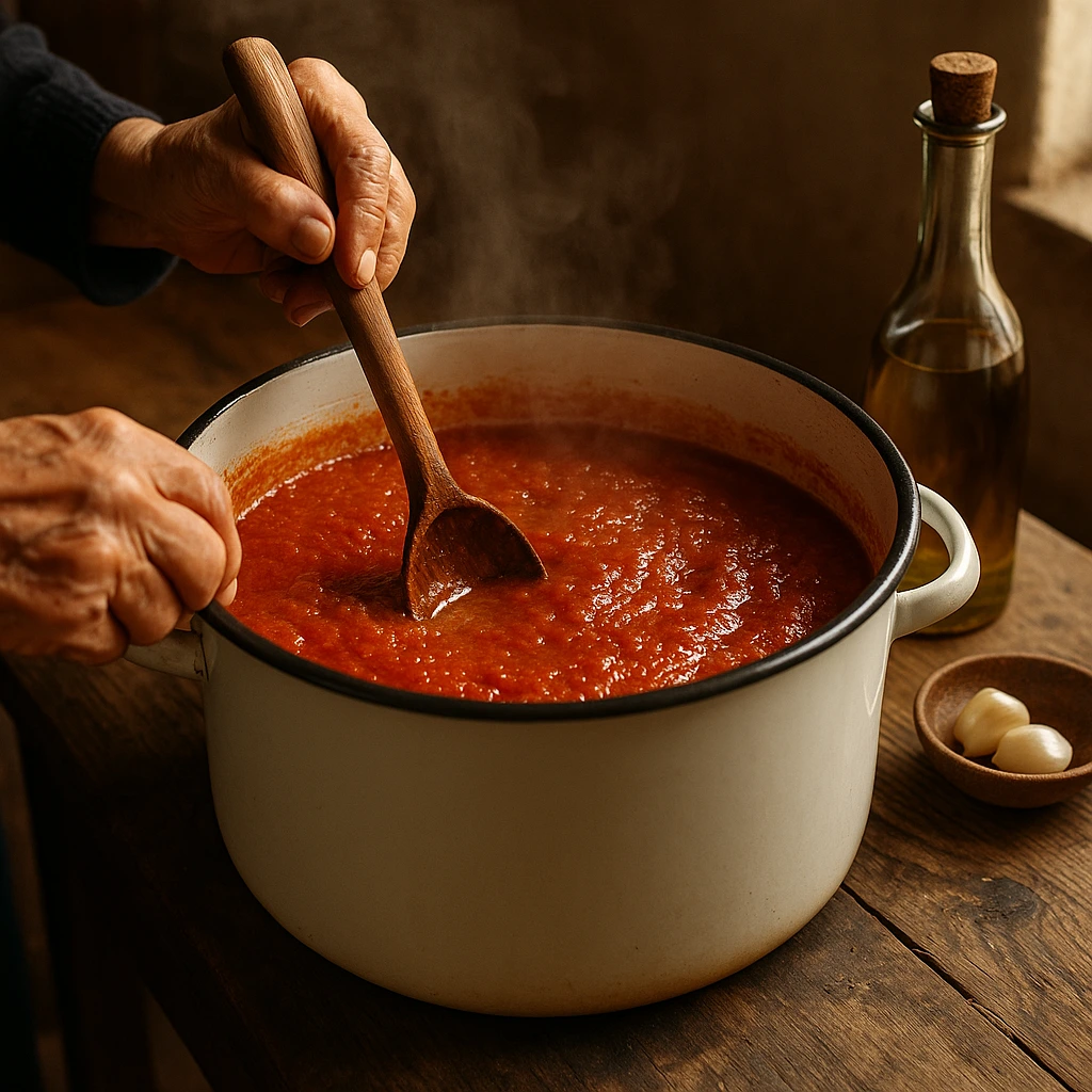Domaći ajvar recept – kuhanje ajvara u loncu uz miješanje drvenom kuhačom
