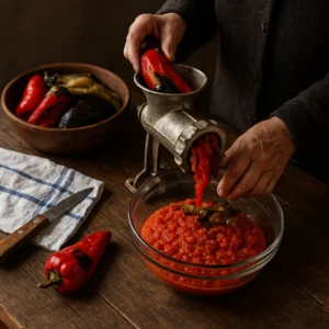 Domaći ajvar recept – mljevenje pečenih paprika i patlidžana za zimnicu