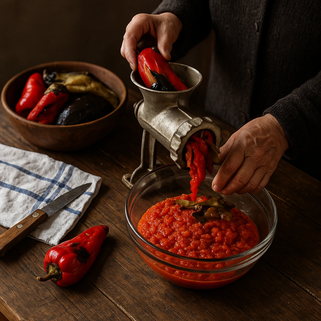 Domaći ajvar recept – mljevenje pečenih paprika i patlidžana za zimnicu