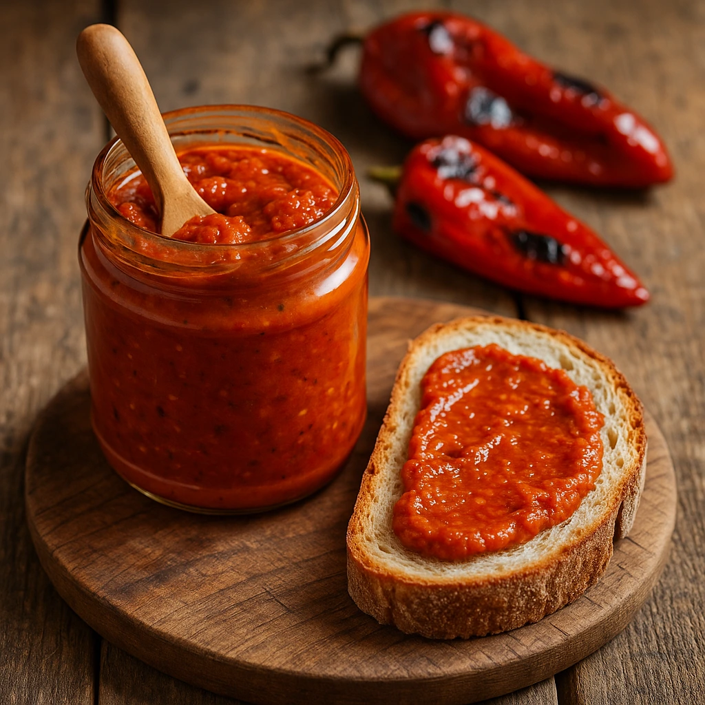 Domaći ajvar recept – otvorena teglica ajvara i kriška hljeba namazana ajvarom