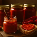 Domaći ajvar recept – teglice ajvara i kriška hljeba s namazom