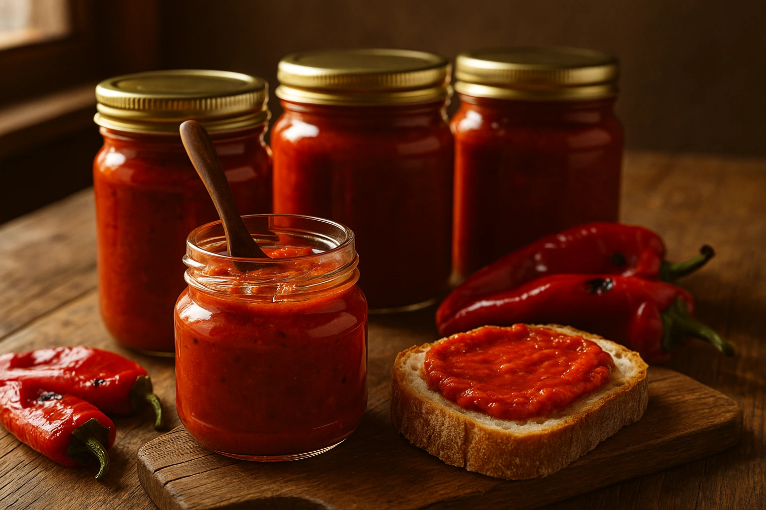 Domaći ajvar recept – teglice ajvara i kriška hljeba s namazom