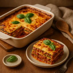 keto lasagna s tikvicama bez tjestenine servirana na tanjiru