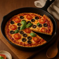 keto pizza iz tave bez brašna servirana u tepsiji