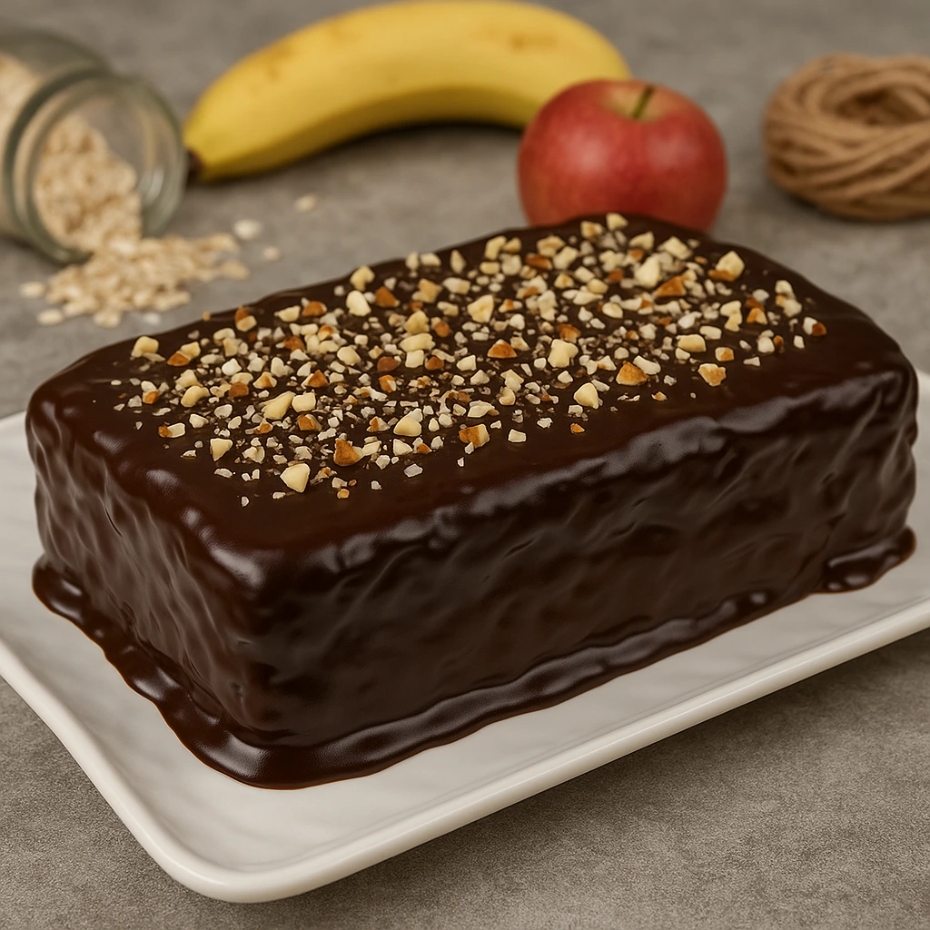 Domaći banana kolač sa zobenim pahuljicama i jabukama na tanjiru, preliven tamnom čokoladom i posut sjeckanim bademima