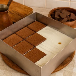 Priprema čokoladne torte bez pečenja – slojevi kakao keksa i kreme u kalupu