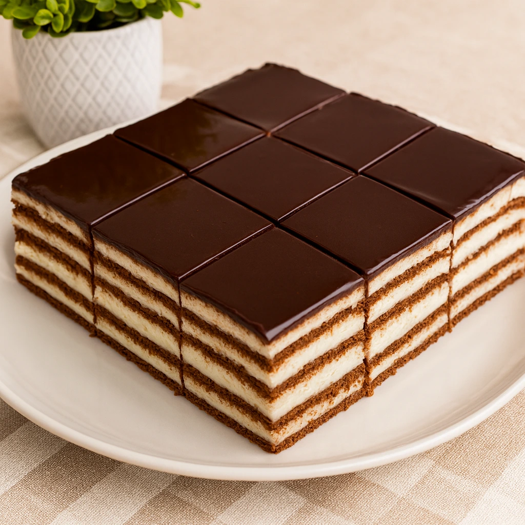 Čokoladna torta bez pečenja s keksima i kremom, prelivena ganache čokoladom, servirana u tradicionalnom stilu