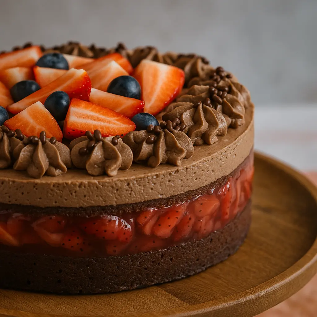 Slojevita čoko torta s jagodama i borovnicama, snimljena iz bočnog ugla s naglaskom na slojeve.