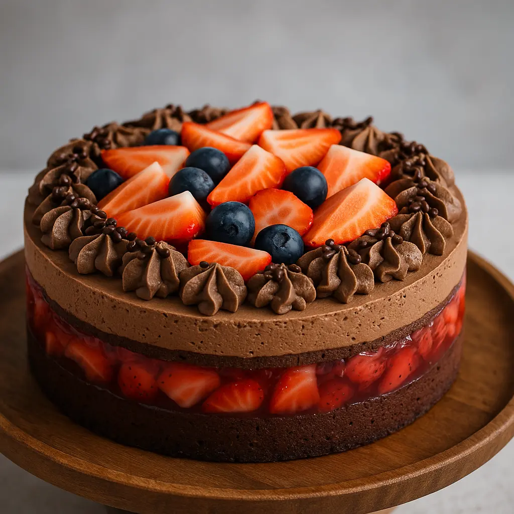 Čokoladna torta s jagodama i borovnicama, slojevita s čokoladnim mousseom i želeom od jagoda na drvenom stalku.