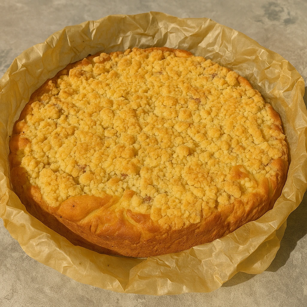 Cijeli Crumble kolač s jabukama u peku obloženom papirom za pečenje, sa zlatno-pečenim hrskavim posipom
