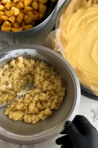 Priprema deserta, odvojeno prikazane jabuke s cimetom, tijesto u kalupu i posip u posudi