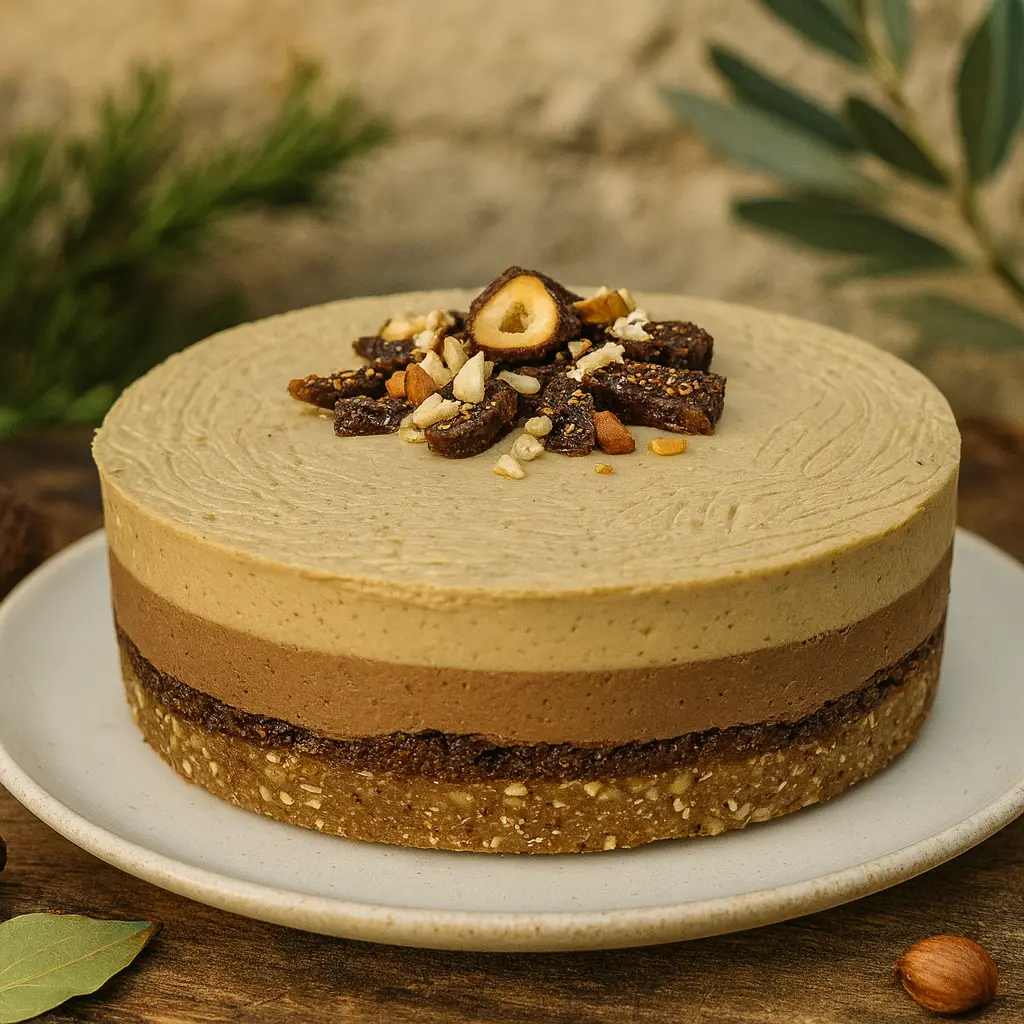 Cijela Dalmatinska torta sa smokvama na bijelom tanjiru, slojevita s kremom i čokoladom, ukrašena lješnjacima i smokvama