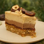 Dalmatinska torta sa smokvama na bež tanjiru u prirodnom ambijentu sa zelenilom u pozadini