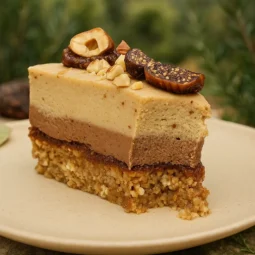 Dalmatinska torta sa smokvama na bež tanjiru u prirodnom ambijentu sa zelenilom u pozadini