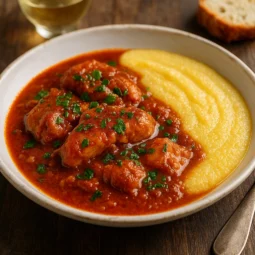 Dalmatinski brudet s palentom recept – tradicionalni riblji paprikaš u bogatom umaku poslužen uz kremastu palentu u rustikalnom tanjuru
