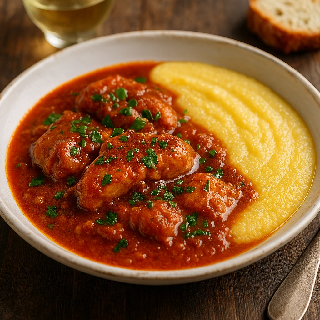 Dalmatinski brudet s palentom recept – tradicionalni riblji paprikaš u bogatom umaku poslužen uz kremastu palentu u rustikalnom tanjuru
