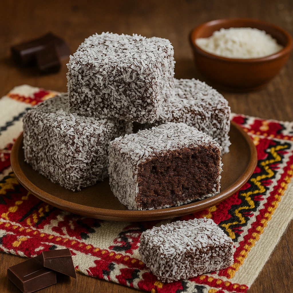 FIT čupavci recept – kolač od integralnog brašna i tamne čokolade uvaljan u kokos, poslužen na tradicionalnom balkanskom stolnjaku