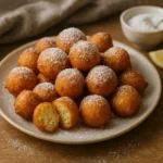 TOP 5 jela iz hrvatske kuhinje - Fritule recept – tradicionalne hrvatske kuglice od tijesta, posute šećerom u prahu na bijelom tanjuru