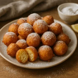 TOP 5 jela iz hrvatske kuhinje - Fritule recept – tradicionalne hrvatske kuglice od tijesta, posute šećerom u prahu na bijelom tanjuru