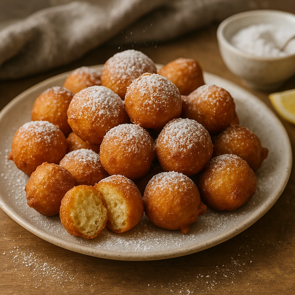 Fritule recept – tradicionalne hrvatske kuglice od tijesta, posute šećerom u prahu na bijelom tanjuru