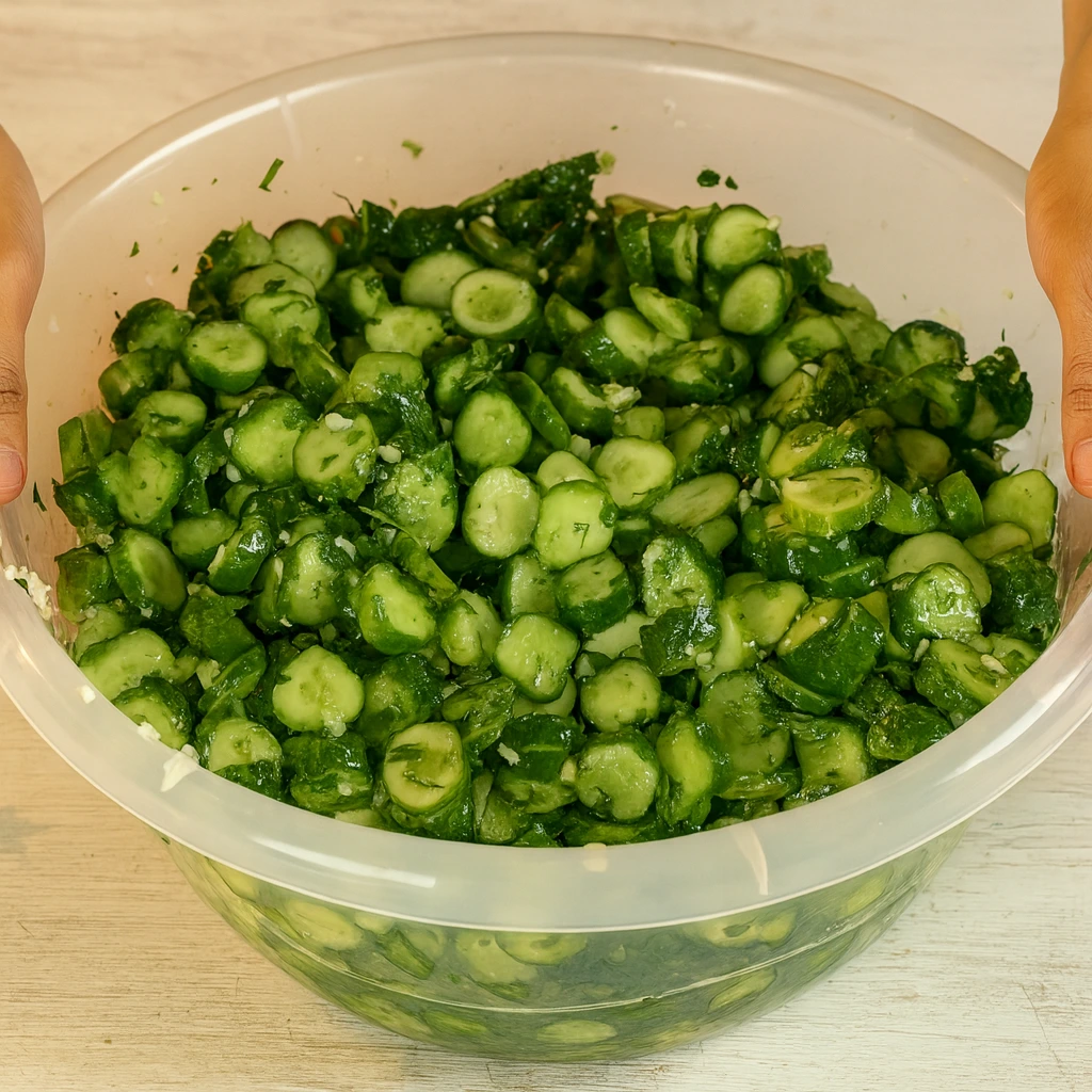 Krastavac salata sa bijelim lukom i svježim začinima u velikoj posudi – priprema za punjenje zimnice.