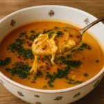 Kašika podiže krem čorbu od povrća i mesa s komadićima piletine i peršunom