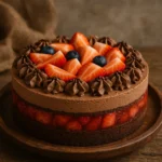 Čokoladna torta s jagodama i borovnicama u rustikalnom seoskom ambijentu na drvenom stolu.