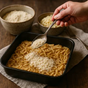 Priprema sipane pite od jabuka – sloj naribanih jabuka s cimetom u plehu posipa se suhom smjesom od griza, brašna i šećera, tradicionalni starinski recept