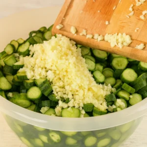 Sitno sjeckani bijeli luk dodaje se na krastavce – korak pripreme domaće krastavac salate za zimnicu.