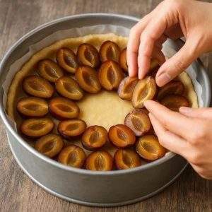 Slaganje šljiva u krug na prhkom tijestu za domaću pitu od šljiva